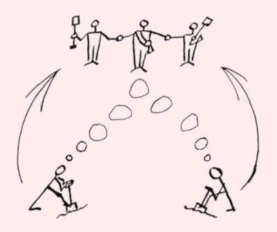 A drawing of workers imagining govermnent as a system of help